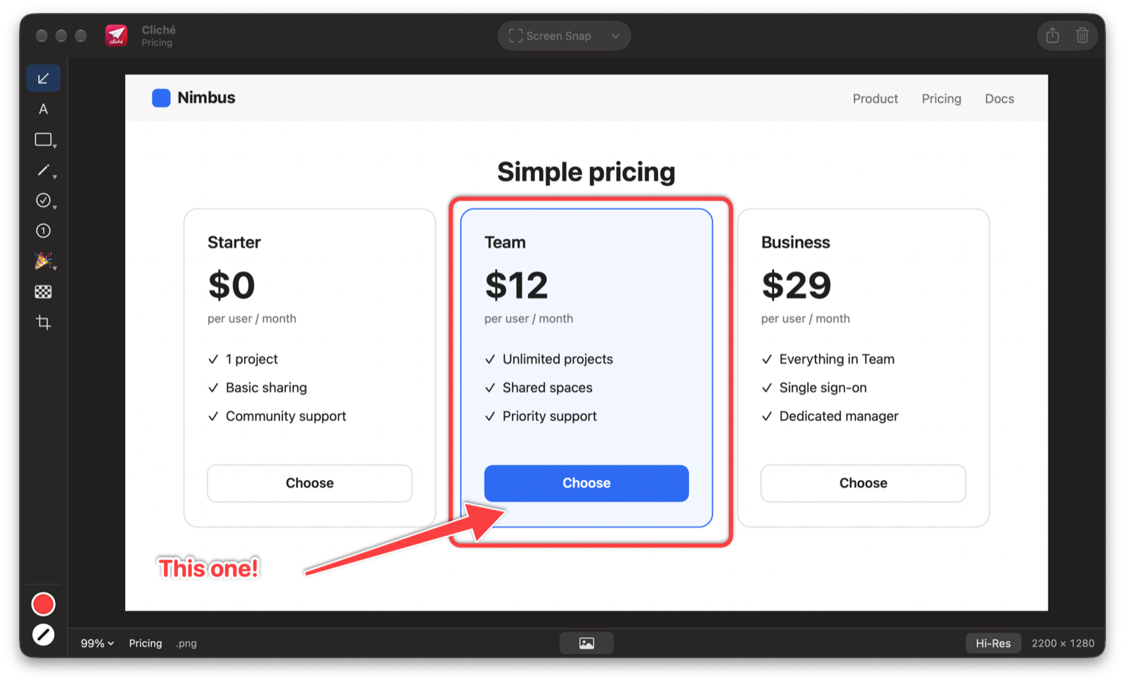 Cliché window with arrows, a box and text pointing out a pricing page