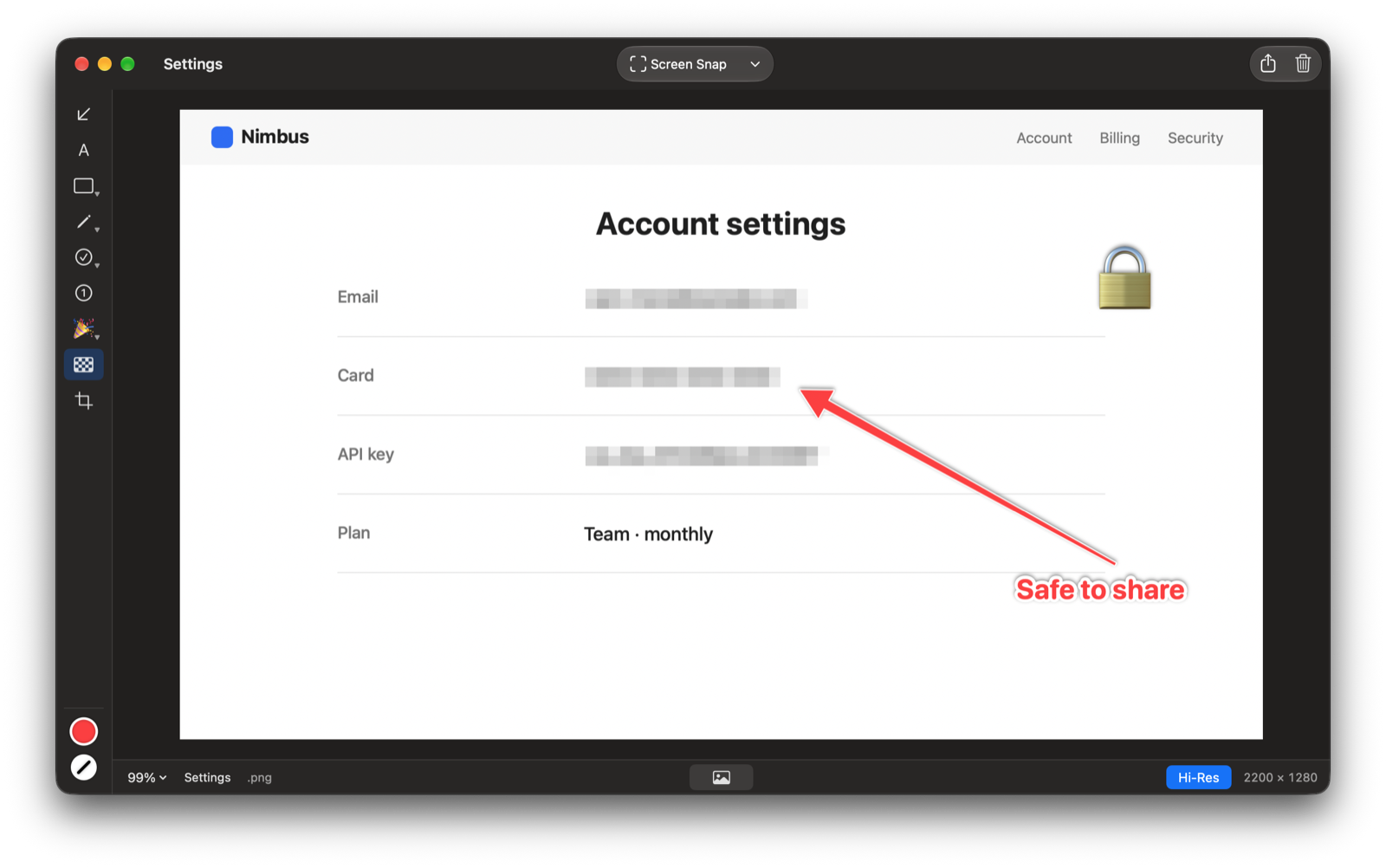 Account settings with the email and card number pixelated