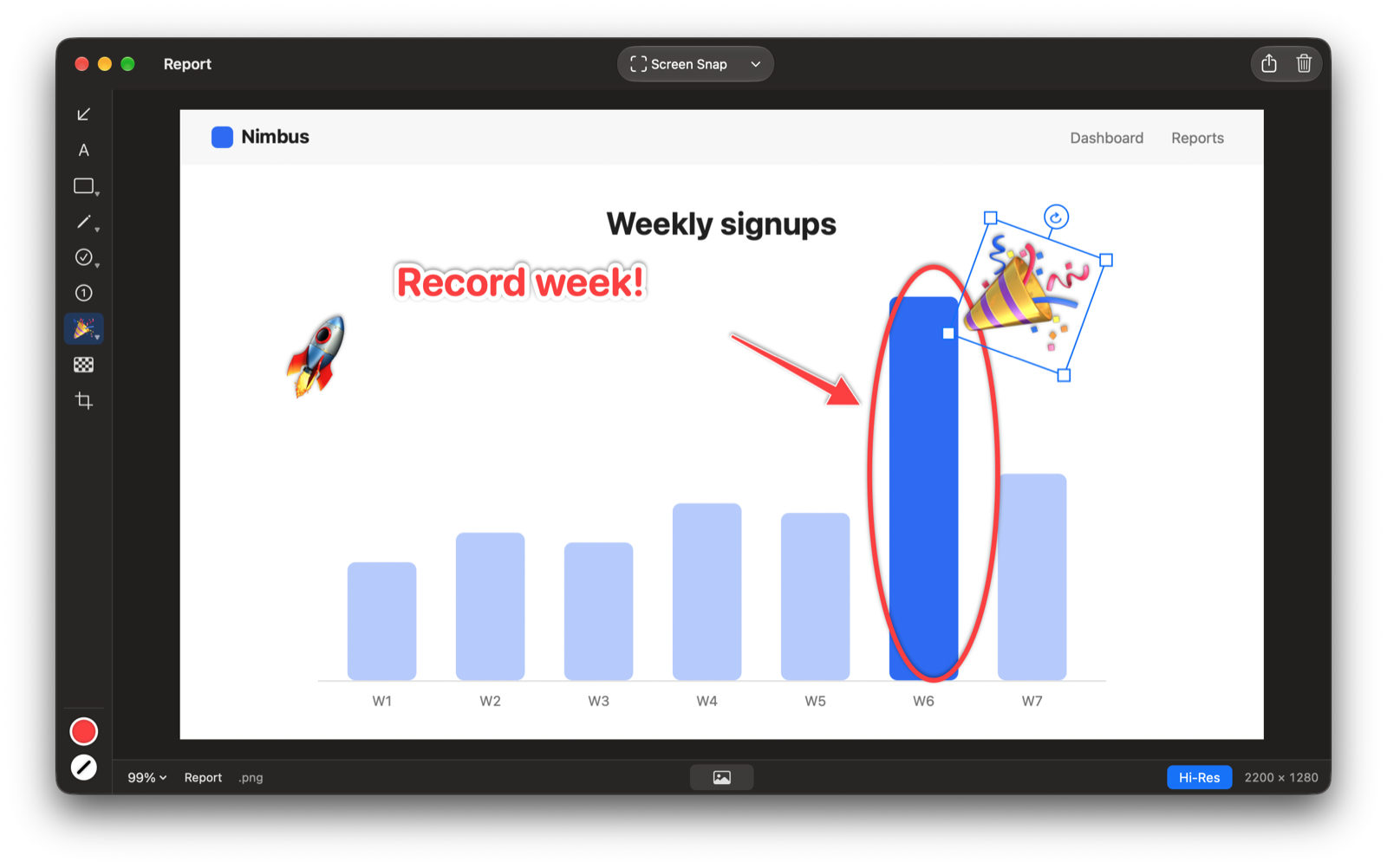A chart annotated with emoji and a rotated stamp