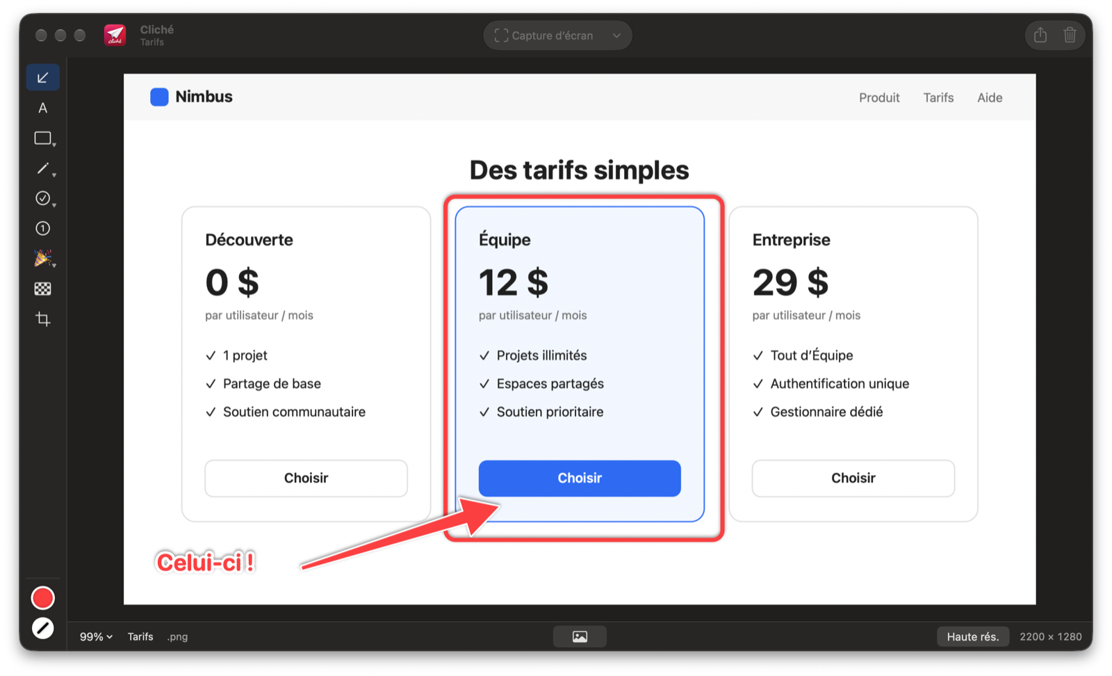 Fenêtre de Cliché avec des flèches, un cadre et du texte sur une page de tarifs