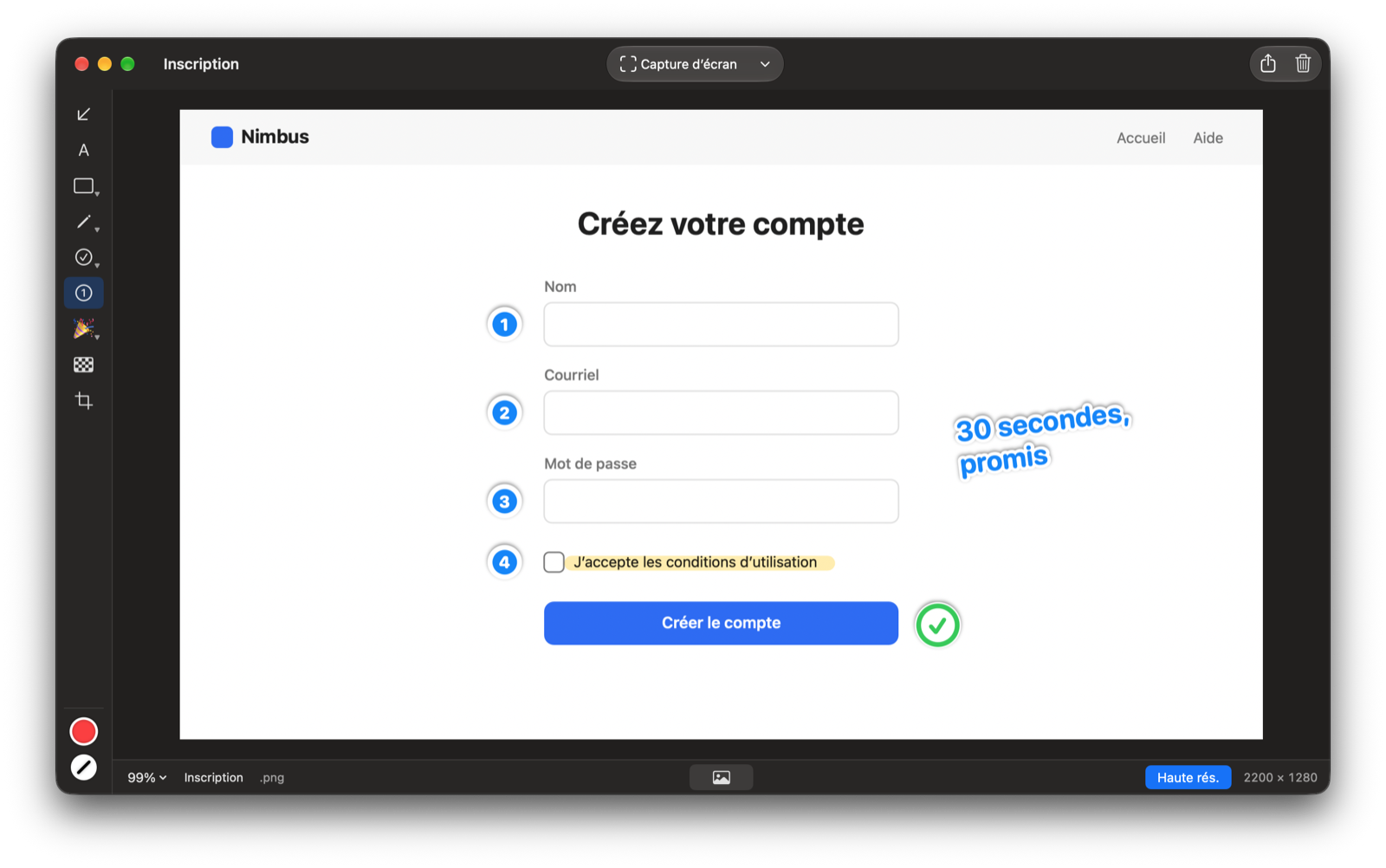 Étapes numérotées sur un formulaire d’inscription